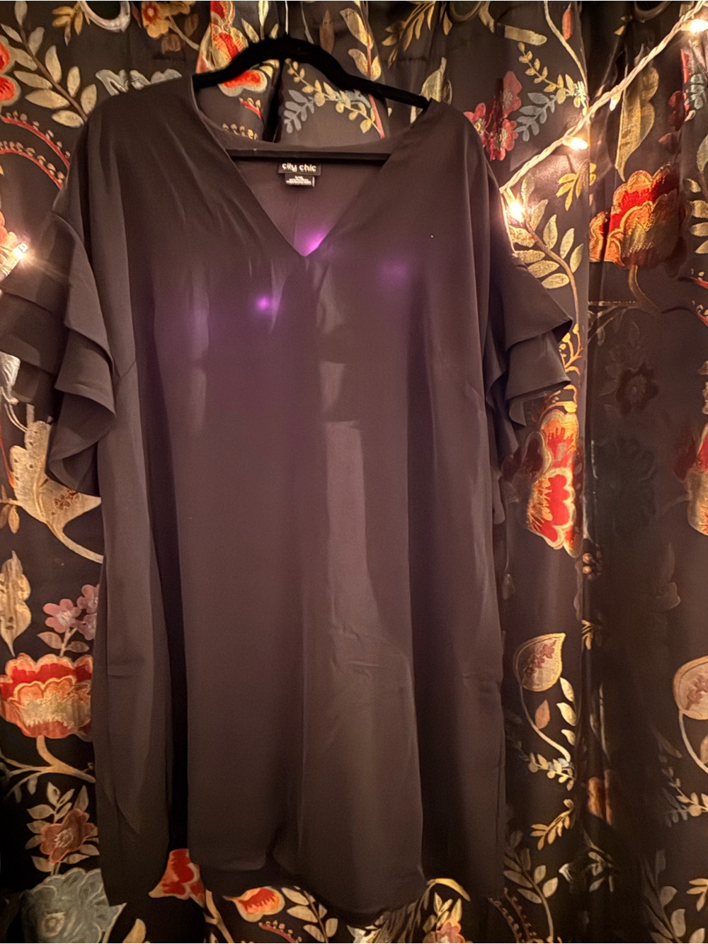 City Chic Black V-Neck Tunic with Layered Ruffle Sleeves
